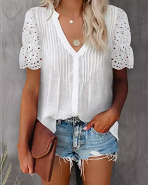 solid v neck lace crochet eyelet casual shirts – Effortless